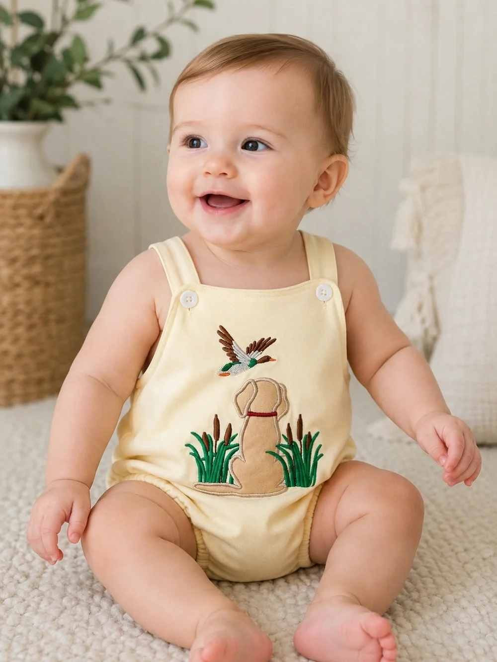 Baby Sun Yellow Embroidered Dog Romper Duck Hunting Bubble Puppy Boy 24 months